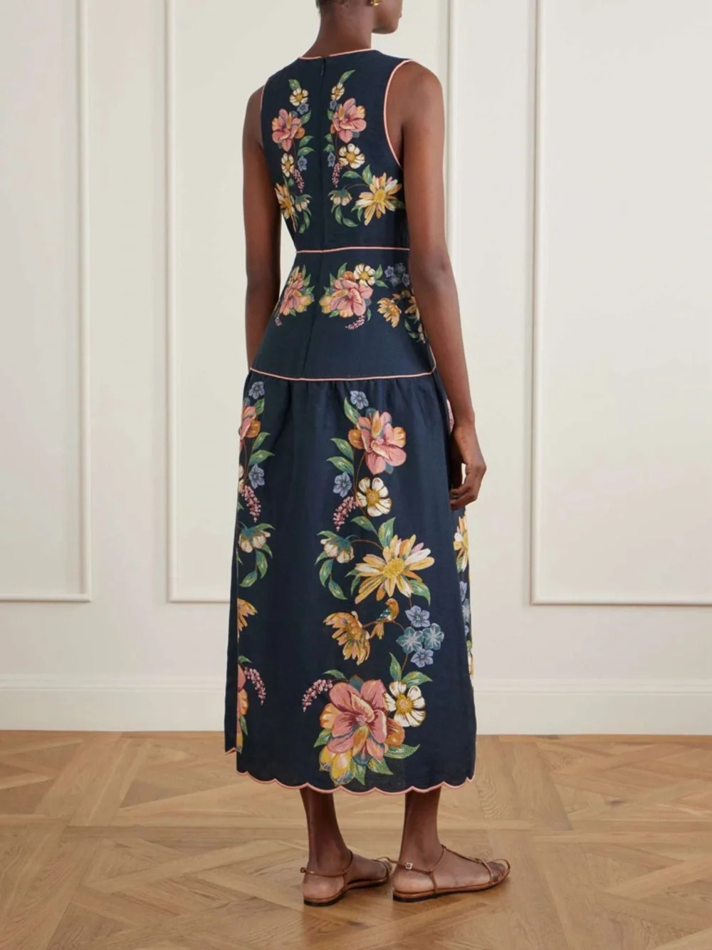 FARM Rio Maira Floral Dark Blue Linen Midi Dress Size Large NWT - Picture 5 of 16
